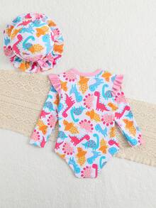 SHEIN GraphicGems 女婴可爱卡通恐龙印花荷叶边长袖连体泳衣和遮阳帽，沙滩/度假风 - 彩色 - 查看 2