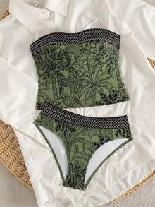 Swim Lushoire Women's Green Summer Boho Beach Vacation Holiday Holiday Tropical Coconut Tree Print Tankini Swimwear Set,Strapless Backless High Waist Bikini Set - Green - View 3