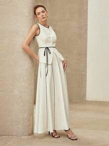 MOTF PREMIUM 2PCS SET: CONTRAST TRIM SLEEVELESS TOP AND CONTRAST TRIM SKIRT, CLASSIC ELEGANT OFFICE WEAR, SPRING/SUMMER - Beige - View 7