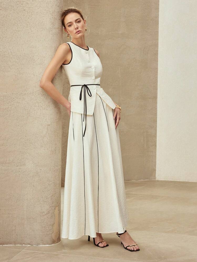 2PCS SET: CONTRAST TRIM SLEEVELESS TOP AND CONTRAST TRIM SKIRT, CLASSIC ELEGANT OFFICE WEAR, SPRING/SUMMER