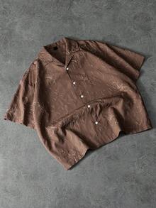 PAVTROS Men's Minimalist Printed Short Sleeve Shirt Brown Graphic Shirt Men's Boxy Shirt Brown Button Up Men Men's Cropped Button Up Streetwear Men Shirt - Black - View 8