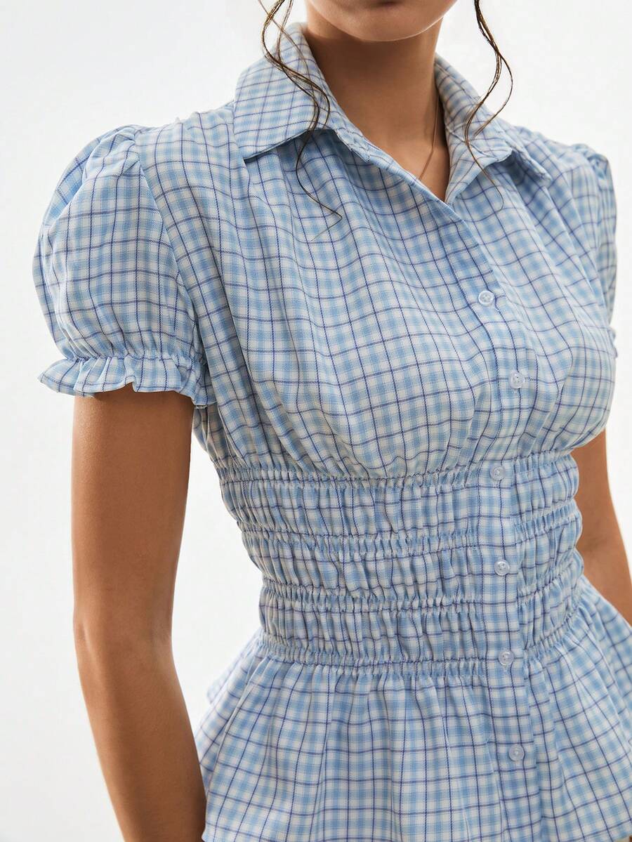 Poéselle 女士格子荷叶边单排扣时尚百搭日常衬衫 - 藍色 - 查看 1