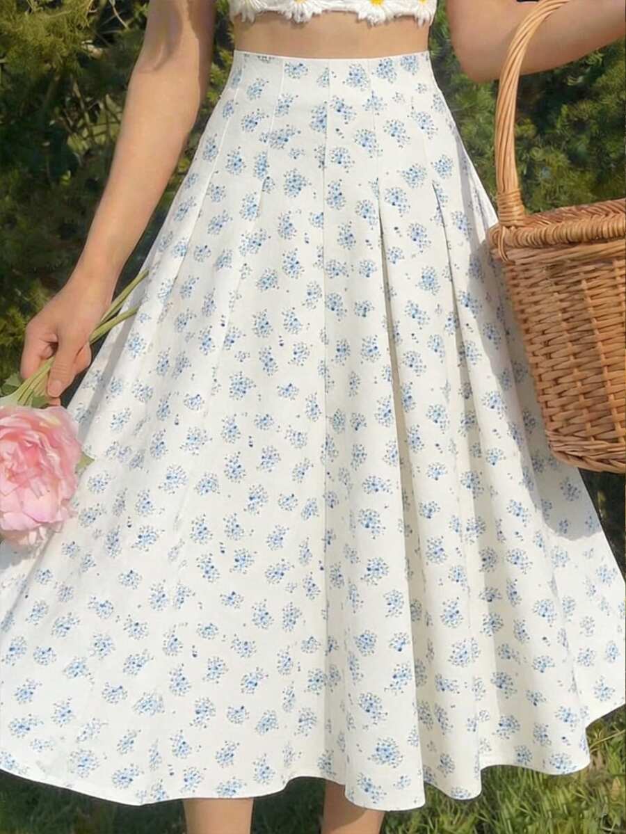 SHEIN MOD 黑色玫瑰蕾丝高腰白色中长裙，饰有可见缝线和喇叭形褶裥，蕾丝中长裙，百搭半身裙，褶裥半身裙，高腰半身裙，波西米亚风，春夏中长裙，婚礼中长裙，约会中长裙 - 藍白色 - 查看 1