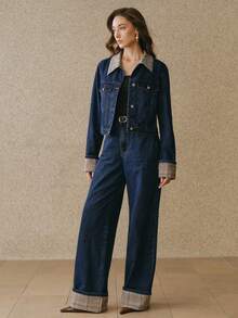 Anewsta 女士春夏时尚优雅拼接格子浪漫派对休闲度假蓝色长袖外套上衣牛仔裤 - 藍色 - 查看 6