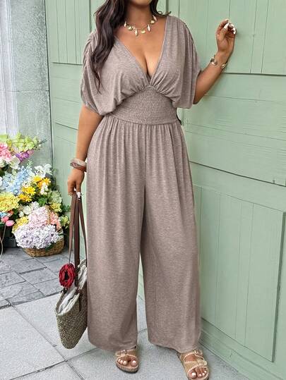 Vionelle Plus Size Women's New Spring & Summer Loose Casual Vacation Deep V-Neck Jumpsuit, Knitted Elegant Tie Waist Pleated Jumpsuit, Countryside Style Outfit, Suitable For Outdoor & Holiday Wear Women Plus Clothing Jumpsuit Women Vacation Dress Sexy Vacation Dress Casual Jumpsuits For Woman Plus Size Jumpsuits Elegant,Knitted Comfortable One-Piece Pants, Wide Leg Knit Jumpsuit