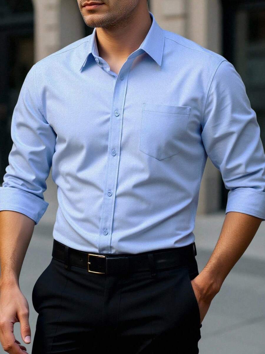 Manfinity Bizformal 男士休闲百搭纯色衬衫 - 藍色 - 查看 1