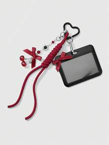 ROMWE Kawaii 1 Y2k Sweet And Cool Personalized Retro Exquisite Dark Style Goth Red Resin Round Bead Webbing Bow Cherry Pendant Black Acrylic Sliding Cover Horizontal Card Hand-Woven Mountaineering Rope Card Cover ID Card, Star Card Cover, Transportation Card, Work Card DIY Keychain Bag Pendant, Suitable For Groupies, Students, Parties, Girls And Ladies, Daily Wear, Holiday Gifts - Black and red -94 - View 7