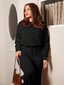 Lupita Cardoza 2pcs/Set Solid Color Crew Neck Long Sleeve Sweater And Pants, Casual Knitwear Set Fall Winter Cloth For Women - Black - View 3