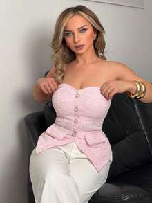 Jeta Ari Women's Textured Pink Strapless Cropped Top With Pearl Button Details, Summer - Pink - View 4