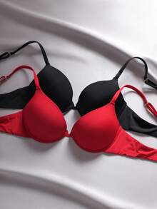 2pcs/Set Simple Solid Color Underwire Padded Push Up Bras - Multicolor - View 3
