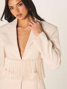 MISSGUIDED Beige Tassel Fringe Belted Waist Blazer Jacket With Lapel Collar Long Sleeve Button Closure Professional Office Work Wear Fall Winter - Apricot - View 4