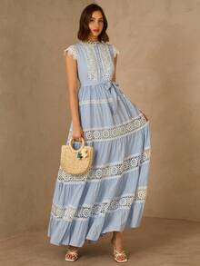 Enchnt Spring/Summer Romantic Women's Blue Sleeveless Stand Collar Lace Trim Maxi Dress,Sweet&Elegant For Vacation&Date&Holiday&Going Out&Valentine's Day,Spring Outfit Women - Blue - View 6