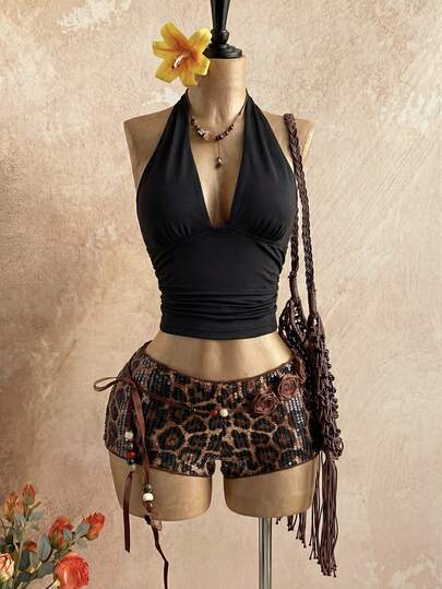 Soleia ملابس جديدة للاسترخاء والعطلات والحفلات الغربية على الشاطئ، حفل تخرج، ، عطلة الربيع، عيد الفصح، مهرجان الموسيقى، أنيقة بوهيمية استوائية بدون ظهر ربطة فراشة، حفلة ترتر نمر، مجموعة بنية مخرزة قطعتين للنساء في عيد الحب