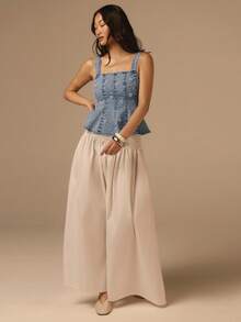 COSMINA Denim 女士优雅珍珠装饰无袖牛仔衬衫，夏季款，珍珠刺绣工艺，精致设计，女士夏季牛仔上衣，女士夏季搭配，街头风单品，蓝色牛仔女式上衣 - 藍色 - 查看 3