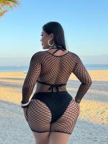 Swim SXY Women's Sexy Hollow-Out Long Sleeve Cover-Up Dress - Black - View 2