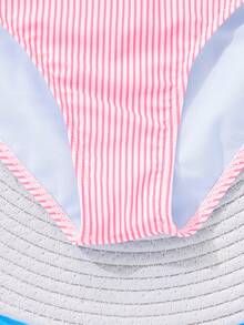 SHEIN Pink And White Striped,Summer,Cute,Beach,Holiday Tween Girl Tankini Swimwear Set,Spaghetti Strap Ruffle Swimtop,High Waist 2 Pieces Bathing Suit,Teen - Multicolor - View 5