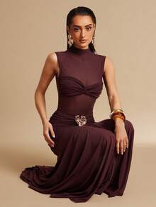 Silquee 女士无袖立领连体衣，春夏款 - 咖啡棕 - 查看 1