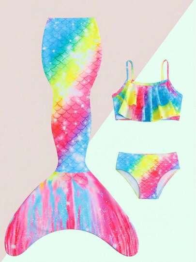 Young Girl Summer Vacation Fish Scale Print Spaghetti Strap Bikini Set Set With Cover-Up And Skirt, Random Print Girl Mermaid Swimwear Mermaid Bathing Suit Rainbow Two Piece Swimsuit Swimsuits For Kids Swimming Clothes