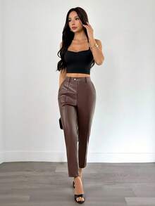 SHEIN PETITE 女士纯色口袋PU皮革前缝裤棕色皮裤女士棕色裤子女士皮裤女士商务休闲裤外出春夏秋季棕色裤子女士春夏裤 - 棕色 - 查看 7