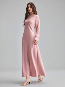 2026春夏新款女士超长连衣裙，粉色，舒适柔软梭织面料，圆领长袖，修身剪裁，收腰设计，现代都市时尚商务休闲办公装，低调复古风，高端优雅，适合机场、邮轮、度假、婚礼宾客等场合，简约奢华感，四季皆宜，缎面质感，A字后背系带设计，时尚畅销款 - 粉色 - 查看 5