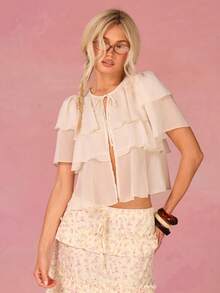 Athîral Women's Casual Vacation Chiffon Cream White Shirt, Spring/Summer, Summer Top, Solid Color White Top, Flowing Top, Summer Top, Wedding Outfit, Outdoor Outfit, Date Party Outfit, Holiday Outfit - White - View 4