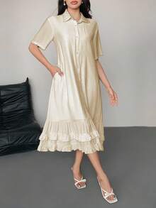 DAZY Women's Elegant Ruffled Collar Loose Mid-Length Dress Sundress Summer - Apricot - View 3