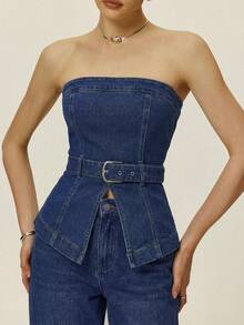 Poéselle Women's Fashionable Versatile Denim Tube Top With Eyelet Design, Suitable For Dates And Outings - Medium Wash - View 3