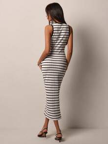 COSMINA Women's Mid-Length Dress, Round Neck Sleeveless Ladies Dress, Summer Women's Dress, Casual Dress, Black And White Striped Women's Dress, Suitable For Summer Daily Wear And Commuting - Black and White - View 5