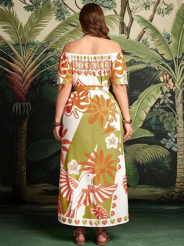 Plus Size Women's Summer Vacation Style Tropical Print Off-Shoulder Belted Dress Summer Outfits  Beach Vacation Outfits For Women Floral Dress BOHO Clothes Beach Dress Outfit For Women Resort Wear Women Vacation Dress Women Summer Dresses Summer Outfits For Women  Beach Outfit For Women  Casual  Vacation Outfits Women Country Concert Outfit Peplum