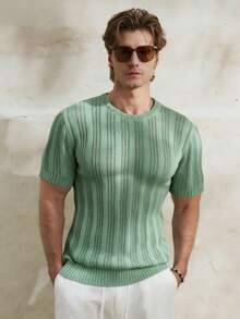 Manfinity Dauomo Hollow Out Round Neck Short Sleeve Casual Sweater, Summer New Arrival - Army Green - View 3