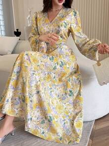 Feyla Đầm dài tay kiểu Pháp cổ điển màu vàng in hoa, thắt eo. - Nhiều màu - Xem 6