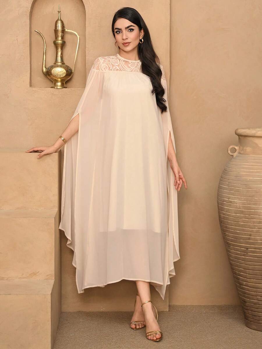 DAZY 撞色蕾丝宽松长款睡袍罩衫，优雅夏季女士睡袍 - 杏色 - 查看 1