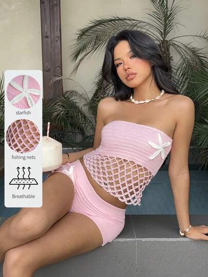 Aloruh Women Knitted Crochet Starfish Seamless Hollow-Out Tight Crop Top, Suitable For Music Festivals,Rave Top,Going Out Top,Summer/Spring,For Vacation,Baech