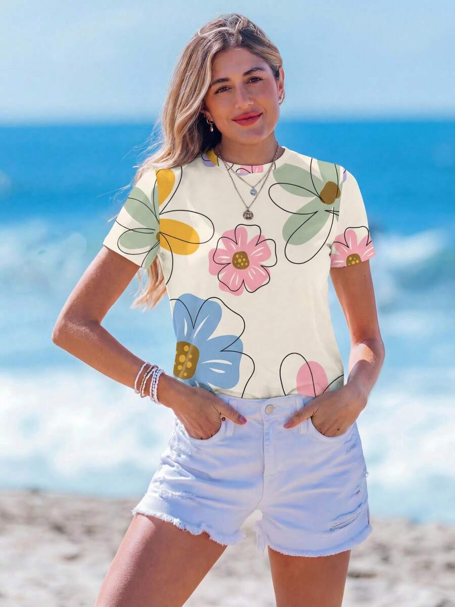 Sylviya 百搭花卉图案休闲宽松圆领短袖T恤，女士款，适合度假、春夏、休闲穿着。 - 彩色 - 查看 1