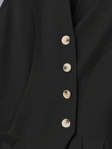 SHEIN Clasi 女士时尚通勤优雅浪漫情人节纯色褶皱不对称斜扣 V 领背心 - 黑色 - 查看 5