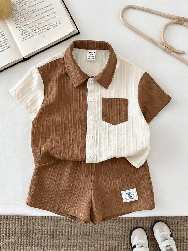 LMoss Kids 2 piezas Conjunto informal de camisa y pantalones cortos de contraste tejido para niño bebé