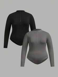 SHEIN Tall CURVE 加大码女士黑白两件套拉链高领连体衣套装，休闲长袖 - 灰色 - 查看 1