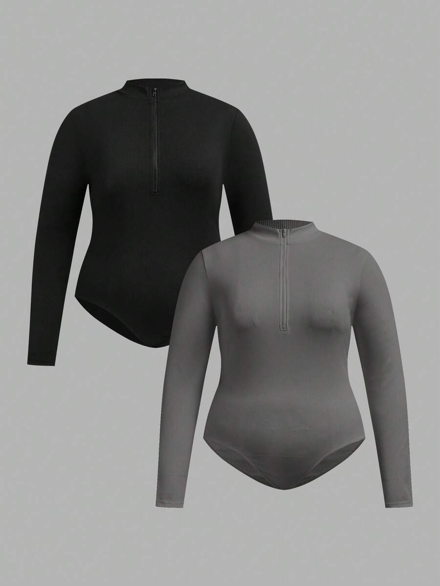 SHEIN Tall CURVE 加大码女士黑白两件套拉链高领连体衣套装,休闲长袖 - 灰色 - 查看 1