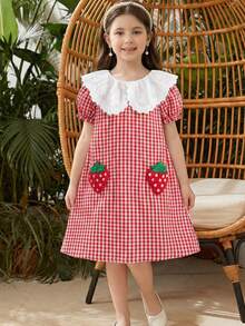 SHEIN Elladie kids 1件女童格子布刺绣领荷叶边下摆A字连衣裙，草莓装饰，休闲乡村野餐公主裙，适合小女孩 - 紅色 - 查看 8