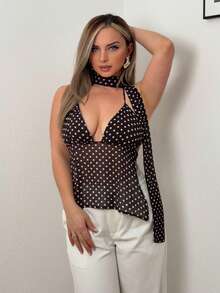 Jeta Ari Women's Polka Dot Print Sexy Lace Up Camisole Graphic Tees Women Tops - Coffee Brown - View 1