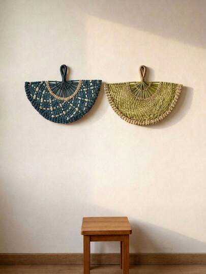 Cirelle Art Deco Handmade Fan – Multi-Material Straw, Seaweed & Palm Leaf, 2-In-1 Portable Hand Fan & Wall Hanging, Vibrant Summer Home Decor