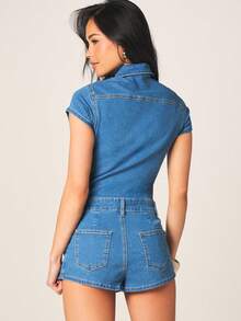 MISSGUIDED Women Denim Short Sleeve Zip Front Romper Playsuit With Collar And Pockets Casual Summer Style - Medium Wash - View 3