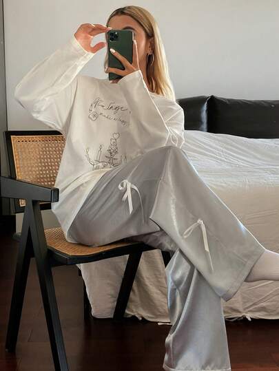 DAZY Bear & Letter Print Loose T-Shirt Top Combo With Bow Decor Loose Pajama Pants Women Sleepwear Set