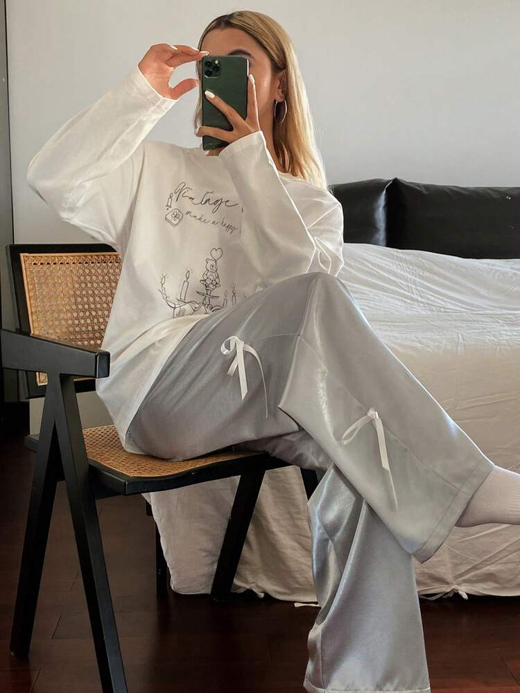 Bear & Letter Print Loose T-Shirt Top Combo With Bow Decor Loose Pajama Pants Women Sleepwear Set