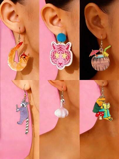 Joivida Cute Animal Earrings In Various Shapes; Interesting Shrimp Earrings; Exquisite Food Earrings; Classic Shrimp Cat Head And Garlic Duck Head Earrings; Food And Animal Combinations; Earrings; Durable And Resistant To Fading And Breaking, Lightweight And Comfortable, Suitable For Ladies To Wear Daily In Casual Occasions, Parties, Weddings, Vacations, Beach Vacations, Shopping, And Sharing Photos With Friends, And Also As A Great Gift To Friends