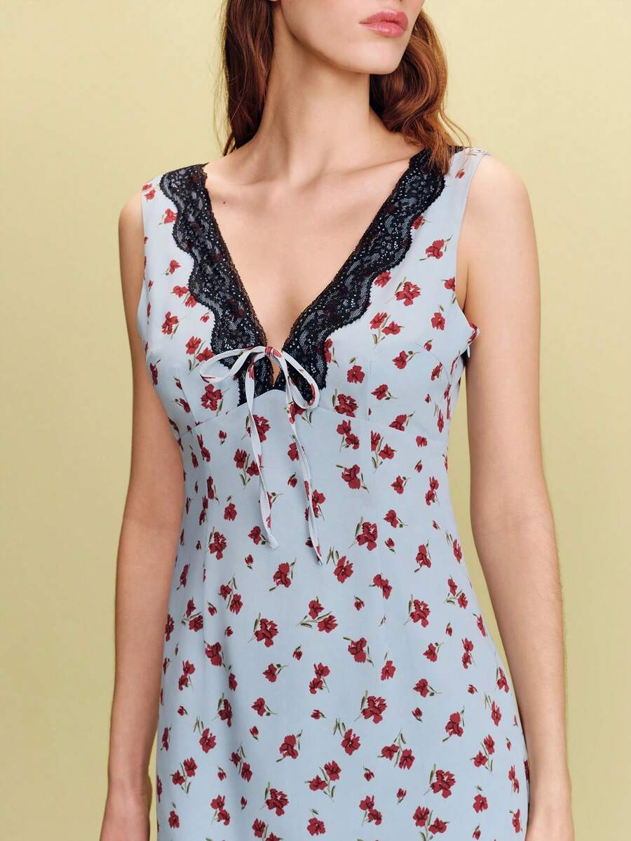 lacRébo 蓝色碎花迷你连衣裙，黑色蕾丝边饰，春夏法式巴黎风情 - 藍色 - 查看 1