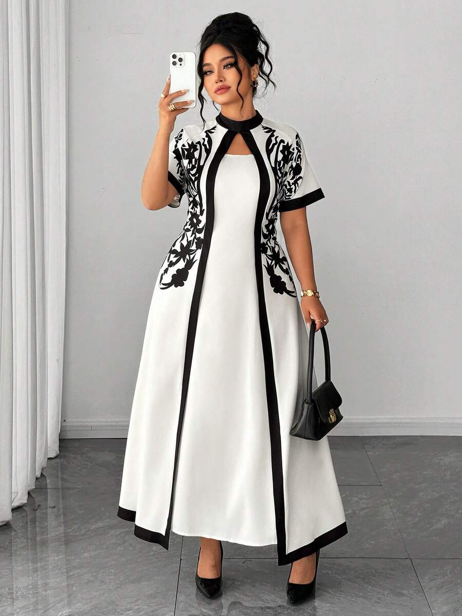 Elenzga Đầm hoa in họa tiết, thanh lịch, kiểu Pháp cổ điển, thắt eo, thích hợp cho kỳ nghỉ, thường ngày. - Màu be - Xem 1