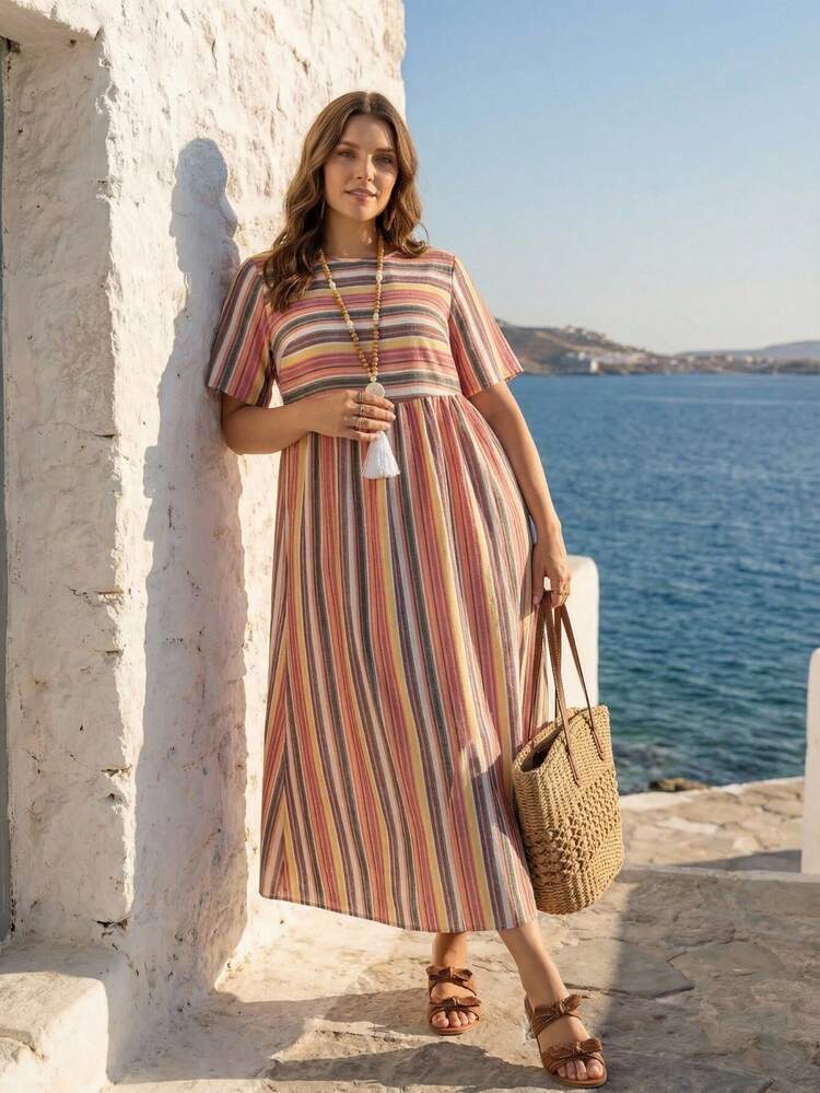 boho beach party dress EMERY ROSE Plus Size Women Striped Summer Vacation Holiday Dress, Casual Long Dress, Spring Outfit, Curve V-Neck Short Sleeves Pleated Mules Color:Blossom Pink Make a statement in