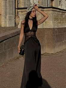 Firerie Đầm satin ren phối họa tiết đuôi cá dành cho nữ, thanh lịch, tinh tế, lãng mạn, trang nhã, tối giản, thích hợp đi làm hàng ngày, dự tiệc Valentine, đám cưới, lễ hội. - màu đen - Xem 4