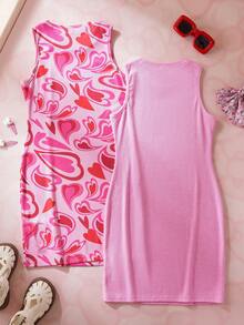 HELLO KITTY AND FRIENDS | SHEIN 少女卡通印花无袖连衣裙，夏季时尚 - 粉色 - 查看 3